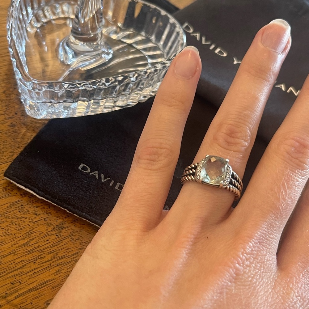 Authentic David Yurman Ring with diamonds and green stone. Size 5